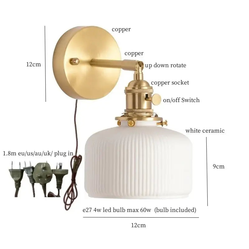 A vintage style wall light with brass copper mounting and a white ribbed ceramic led wall shade for bedroom decorbites ceramic led