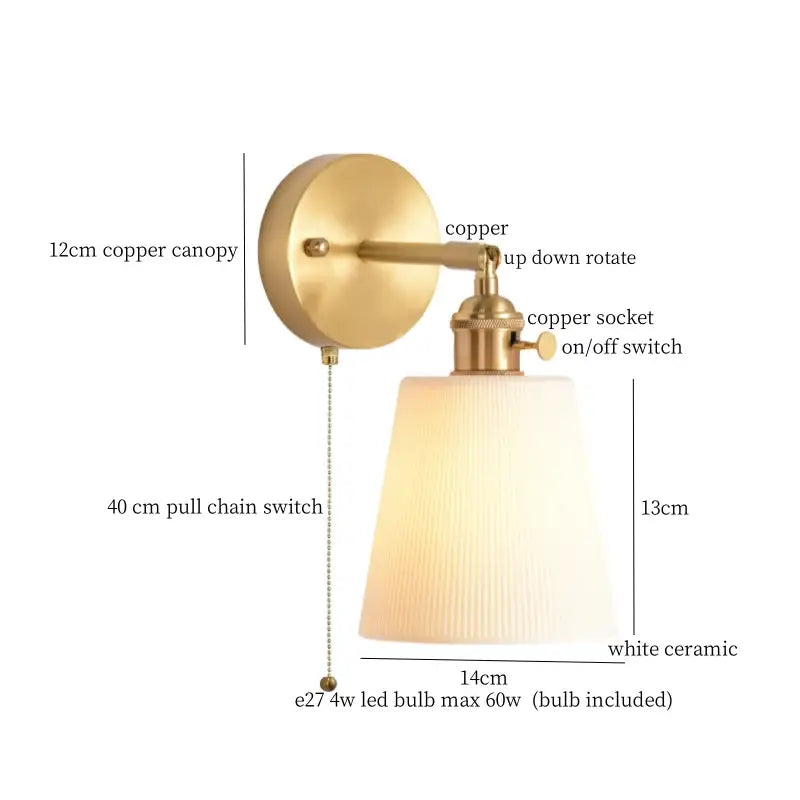 Modern ribbed ceramic led wall light with polished copper canopy and white ceramic shade for bedroom decorbites ceramic led wall