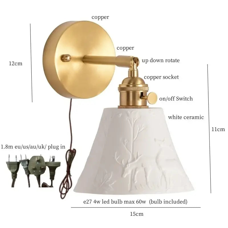 Modern ribbed decorbites ceramic led wall light with white ceramic deer relief and adjustable copper arm for bedroom decor