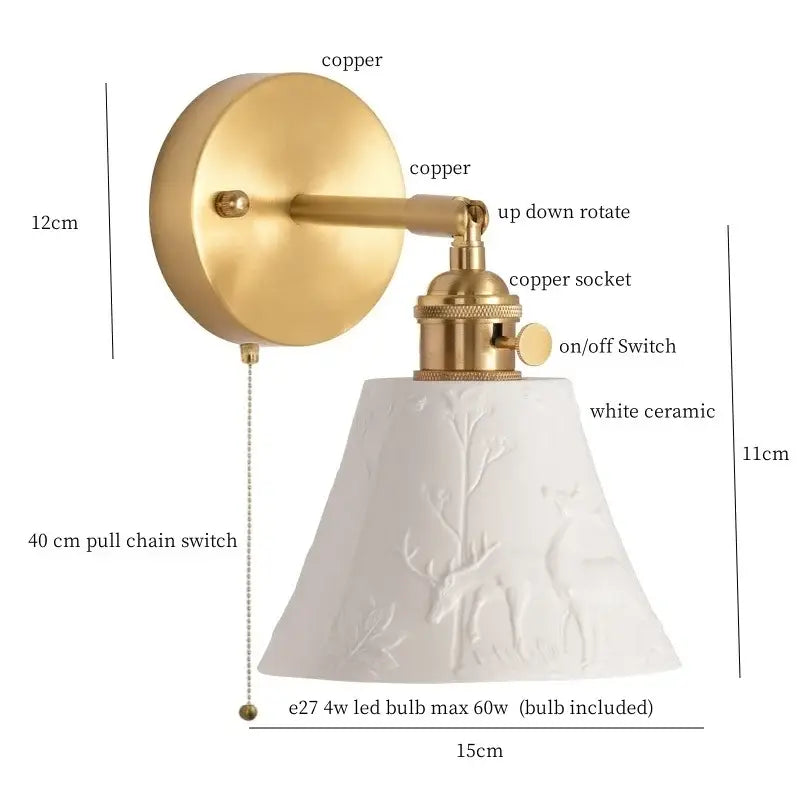 Modern ribbed white ceramic led wall light with embossed deer pattern on brass copper decorbites ceramic led fixture