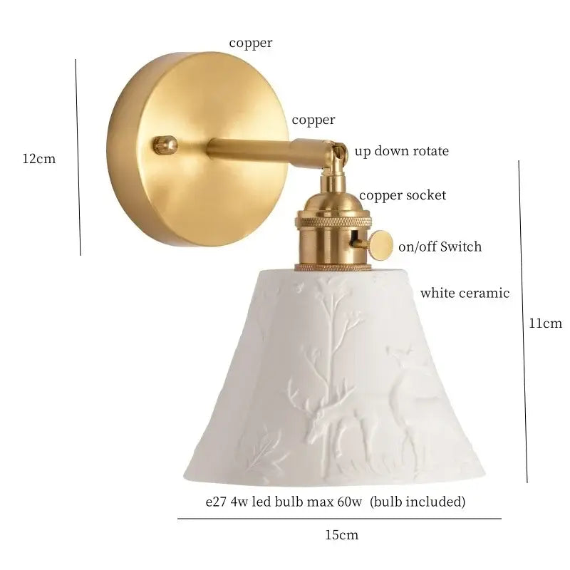 Modern ribbed white ceramic led wall light with deer relief on copper fixture decorbites ceramic led wall light