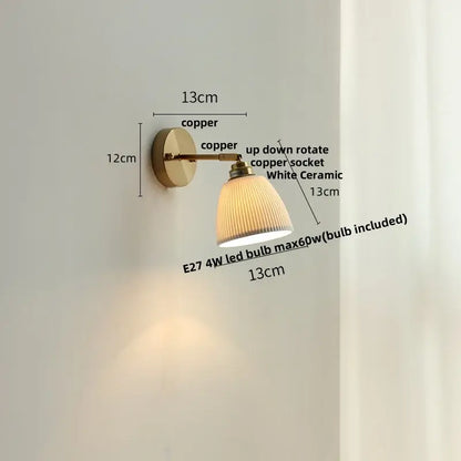 Copper-finished wall lights with white ribbed ceramic led wall shade and brass arm for modern bedroom decorbites ceramic led design