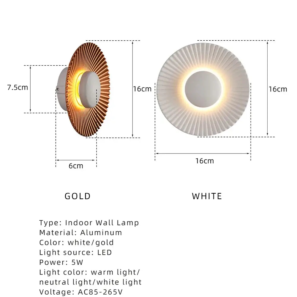Modern ribbed circular white and gold led wall lamps with sleek aluminum design and warm to white illumination for bedroom lighting