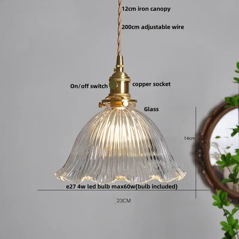 Modern ribbed clear glass led pendant light with brass fixture and copper socket for kitchen decorbites clear glass design