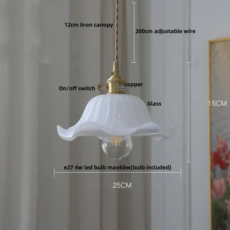 White glass pendant light with fluted petal design and brass copper hardware in modern ribbed clear glass LED style decorbites clear glass