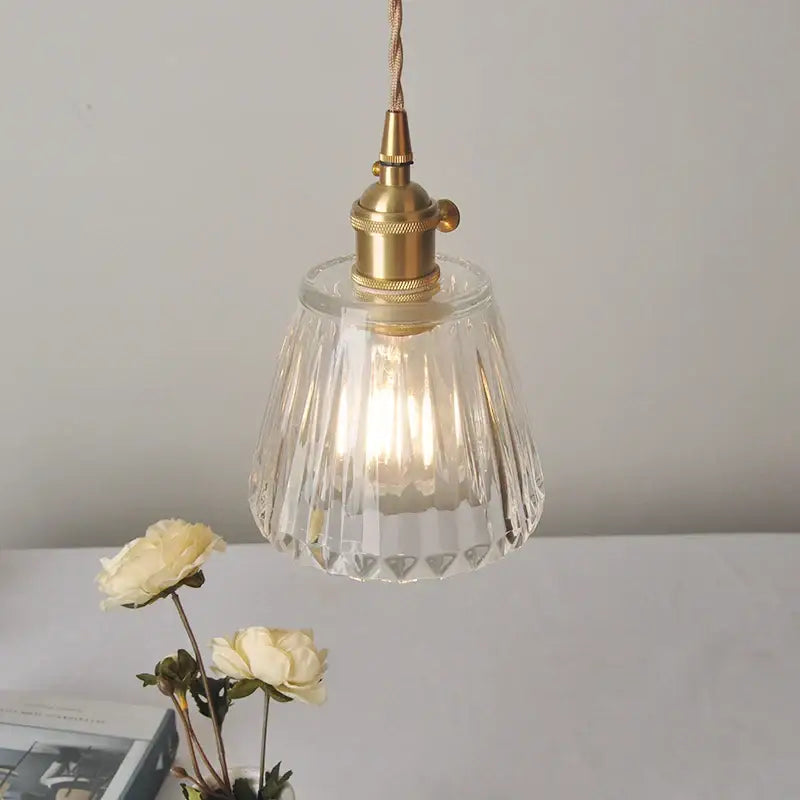 Modern ribbed clear glass led pendant light with faceted decorbites clear glass and brass fixture for kitchen decor