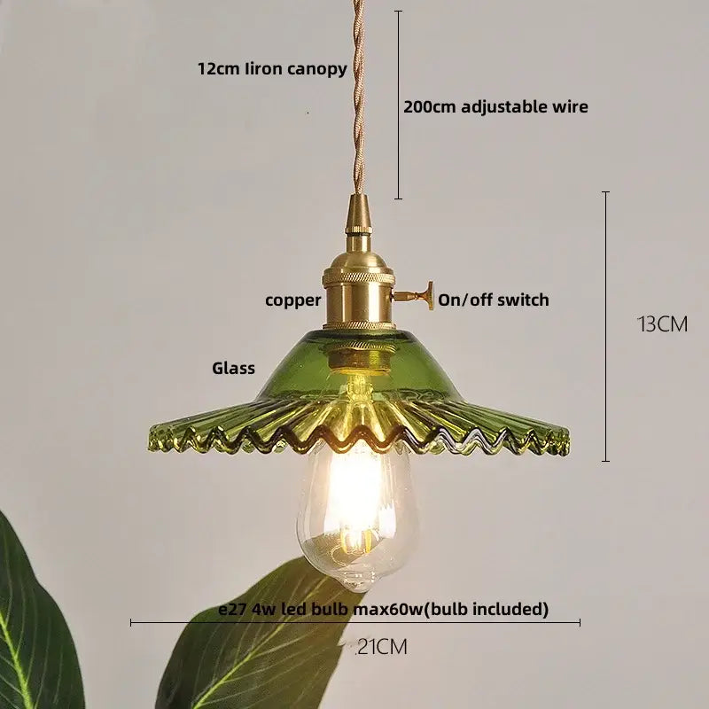 Modern green glass pendant light with copper fixture and adjustable wire suspension decorbites clear glass led lighting