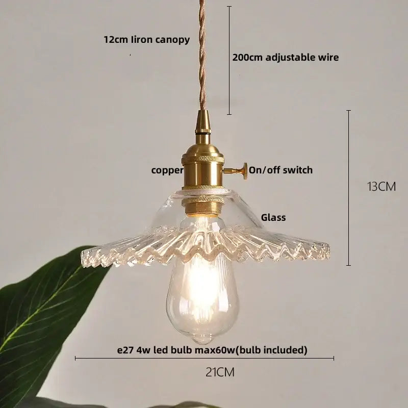 Modern ribbed decorbites clear glass led pendant light with brass canopy copper switch and scalloped edges for kitchen decor