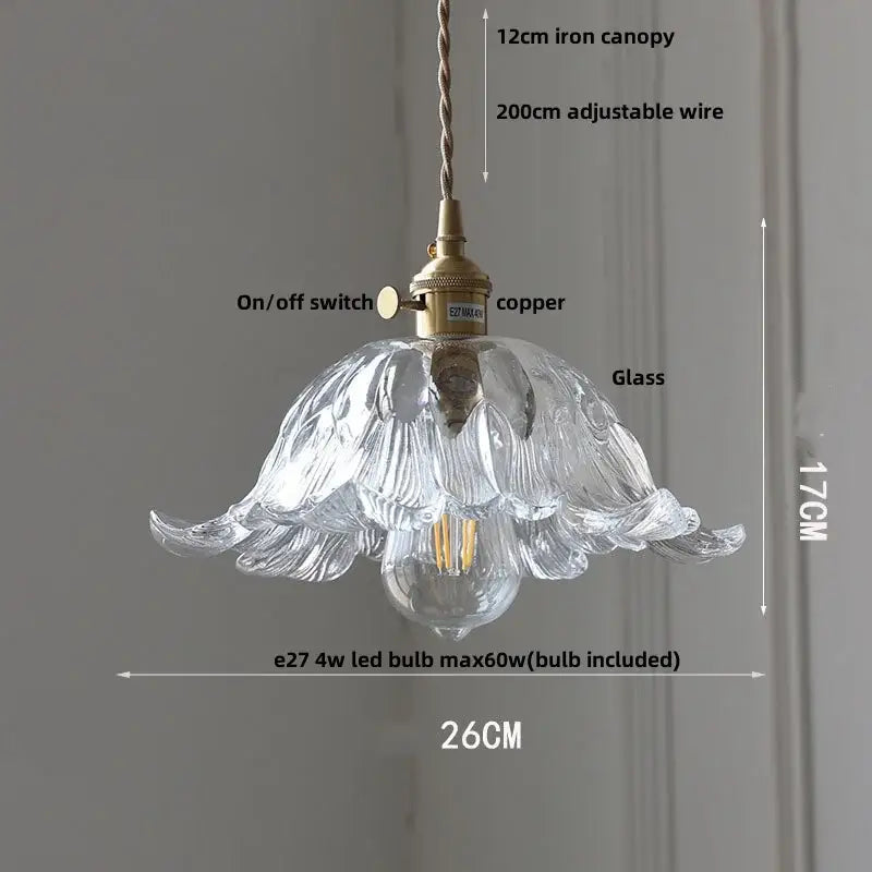Modern ribbed clear glass led pendant light with petal design and brass copper switch for kitchen decorbites pendant light