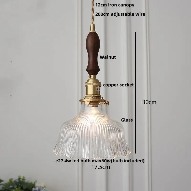 Modern ribbed clear glass led pendant light with brass copper socket and dark walnut wood canopy by decorbites