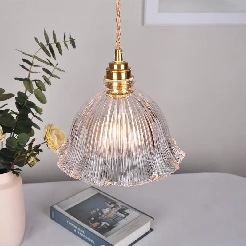 Modern ribbed clear glass pendant light with brass fixture and twisted cord by decorbites clear glass for kitchen decor