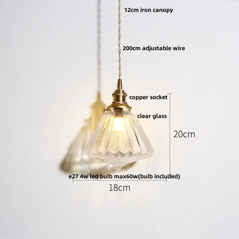 Modern ribbed clear glass pendant light with faceted design brass copper socket and 20cm adjustable wire decorbites light fixture