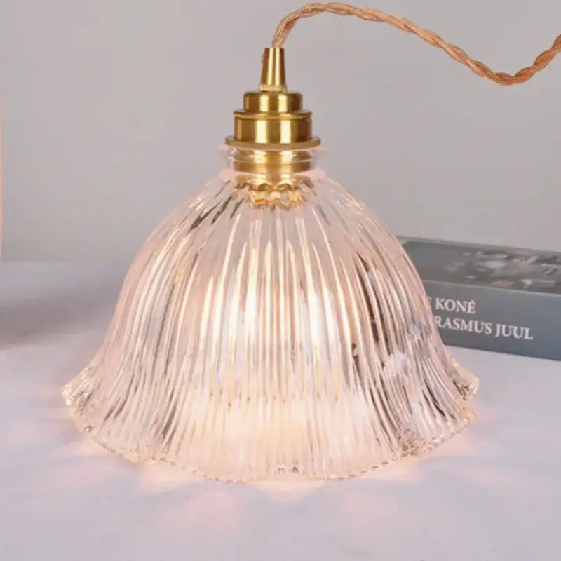 Modern ribbed clear glass pendant light with brass fixture and twisted copper wiring for decorbites clear glass appeal
