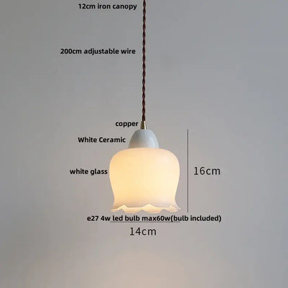 A delicate white ceramic and copper white glass pendant lamp with ribbed design and adjustable 200cm suspension wire