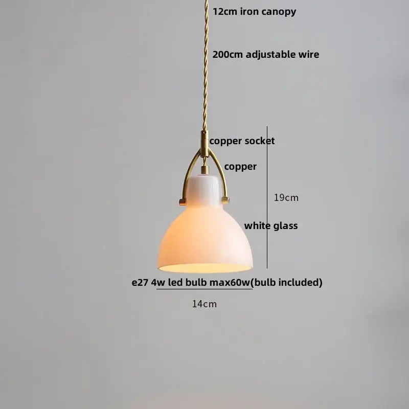 Minimalist pendant lamp with a white glass shade copper white glass and adjustable brass wire suspension decorbites copper white