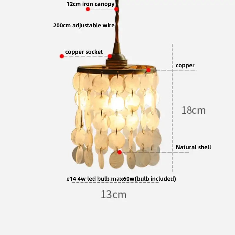Delicate 18cm pendant lamp featuring cascading natural shell discs with copper white glass and iron canopy decorbites copper white
