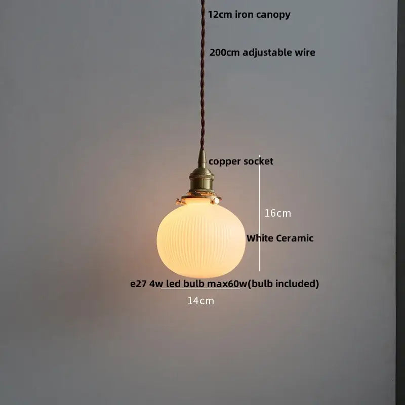 Modern ribbed decorbites copper white pendant lamp with white glass globe, brass socket, and adjustable braided wire