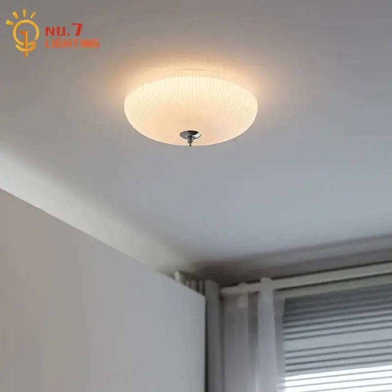 Modern ribbed decorbites cream glass round ceiling lights with frosted shade and chrome fixture for bedroom lighting