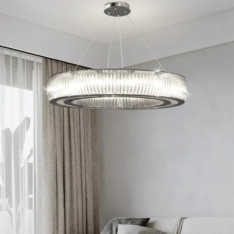 Modern ribbed crystal led ceiling pendant with chrome finish and translucent glass panels for living room decorbites crystal led