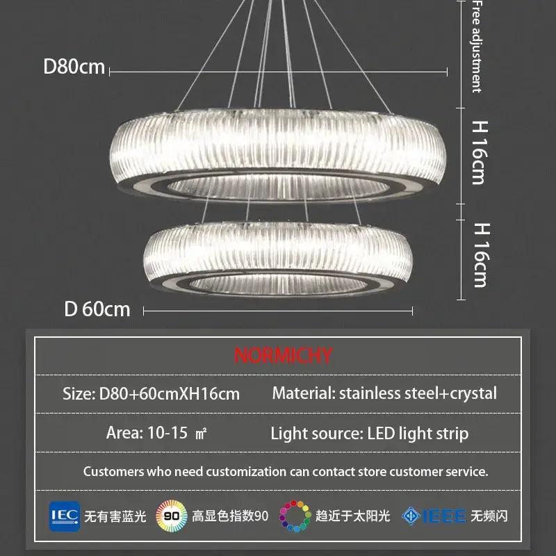 Modern ribbed crystal led ceiling pendant with double-ring stainless steel and crystal design for elegant decorbites crystal led lighting