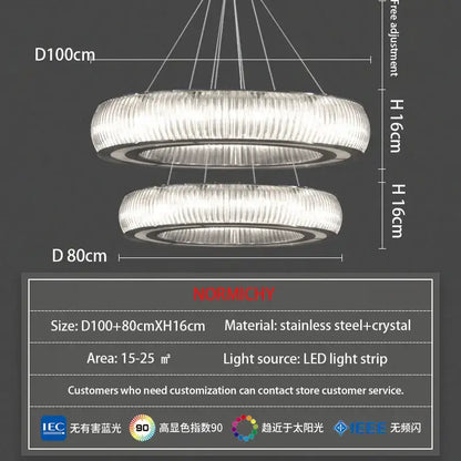 Modern ribbed crystal led ceiling pendant with stainless steel rings and bright decorbites crystal led illumination