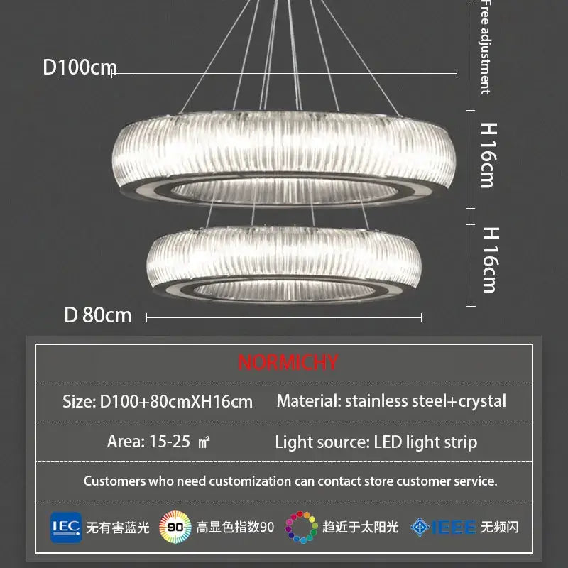 Modern ribbed crystal led ceiling pendant with stainless steel rings and bright decorbites crystal led illumination