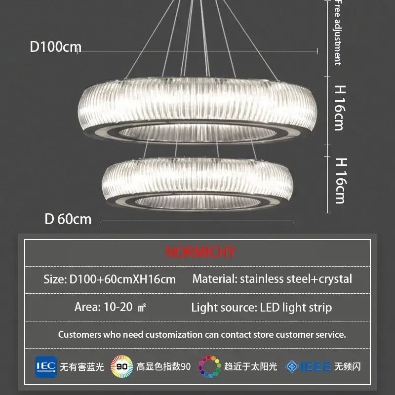 Modern ribbed crystal led ceiling pendant with stainless steel double rings and bright led light strips for living room decorbites crystal led