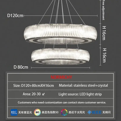 Modern ribbed crystal led ceiling pendant with sleek stainless steel rings and led light strips for bright living room decorbites crystal led