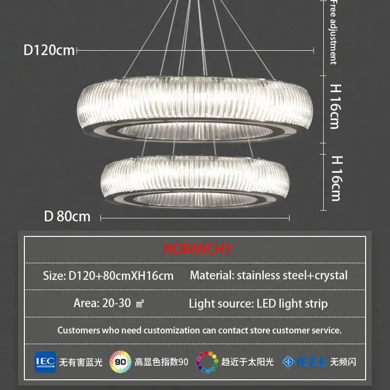 Modern ribbed crystal led ceiling pendant with sleek stainless steel rings and led light strips for bright living room decorbites crystal led