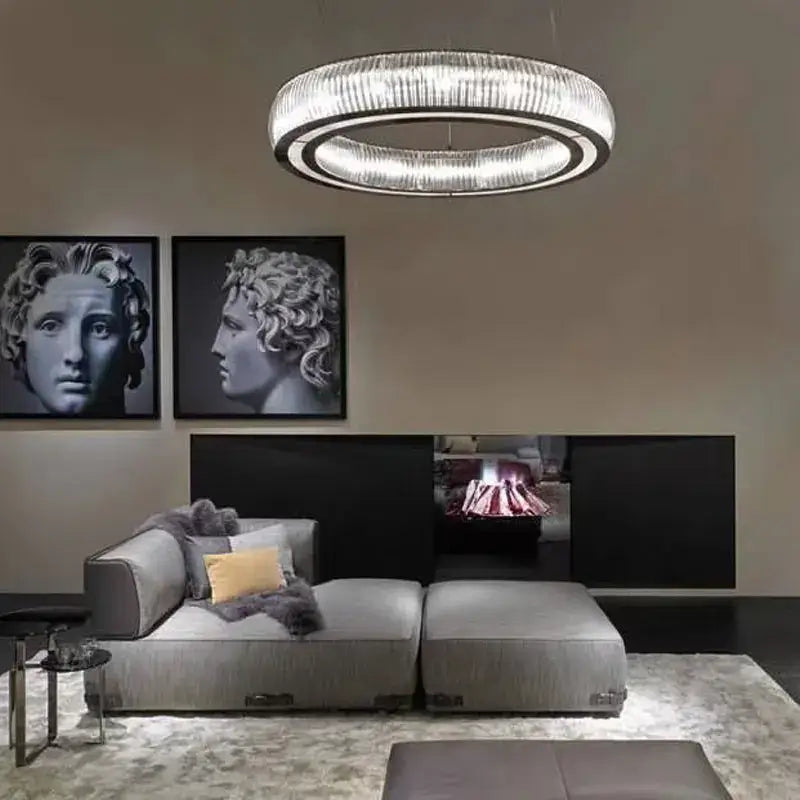 Modern ribbed crystal led ceiling pendant with sleek metallic frame and decorbites crystal led elements for living room decor