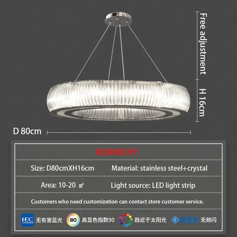 A modern ribbed crystal led ceiling pendant with stainless steel frame and bright led strip for living room decorbites crystal led