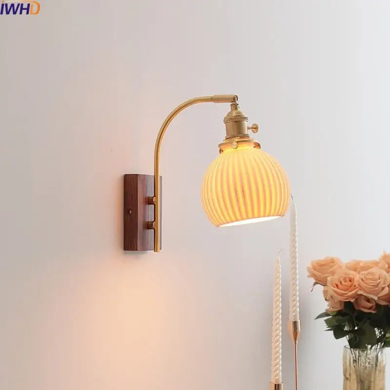 Modern ribbed glass and walnut wall lights with brass finish and warm-toned glass shade for decorbites ceramic walnut led decor