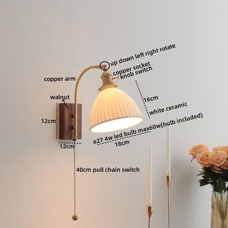 Copper-arm wall lights with white ceramic walnut led lampshade and walnut-finished mounting plate for modern decorbites decor