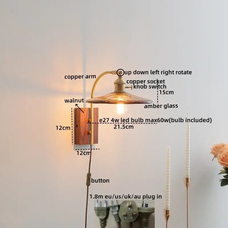 Modern ribbed glass wall lights with copper amber glass shade and ceramic walnut led backplate for bedroom decorbites