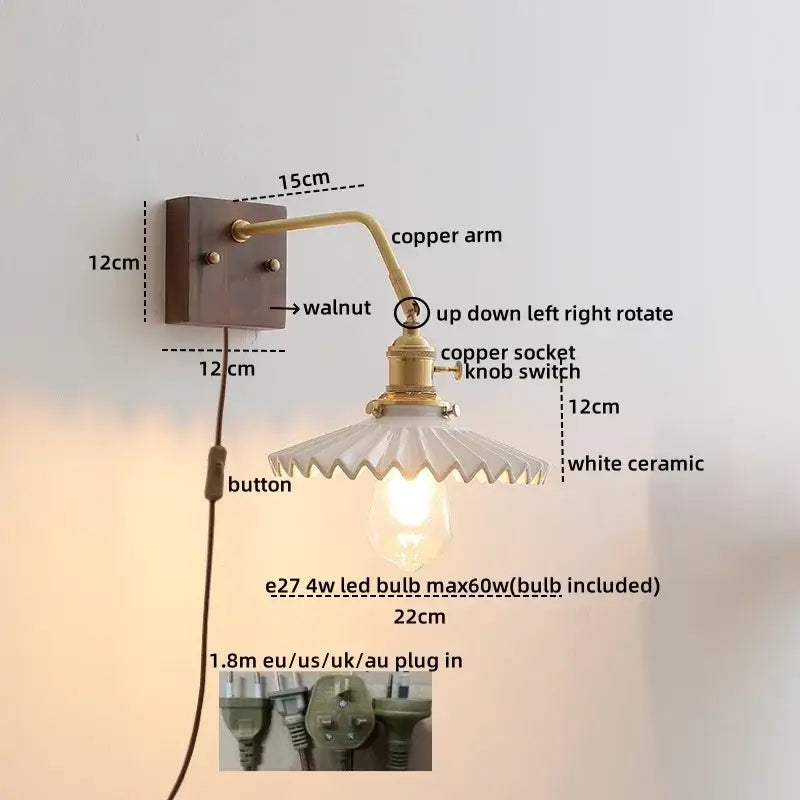 Vintage-style wall lights with brass copper arm, walnut mounting plate, and white ceramic shade for elegant decorbites ceramic walnut lighting