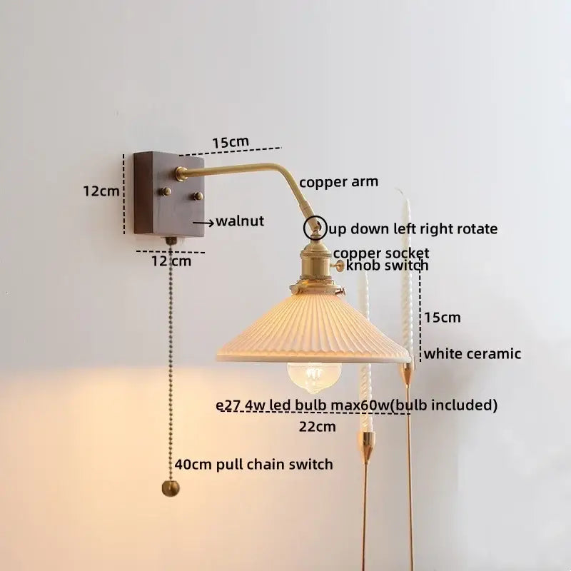 Vintage-style wall lights with ceramic walnut mounting plate, brass copper arm, and white ceramic shade for bedroom decorbites ceramic walnut led