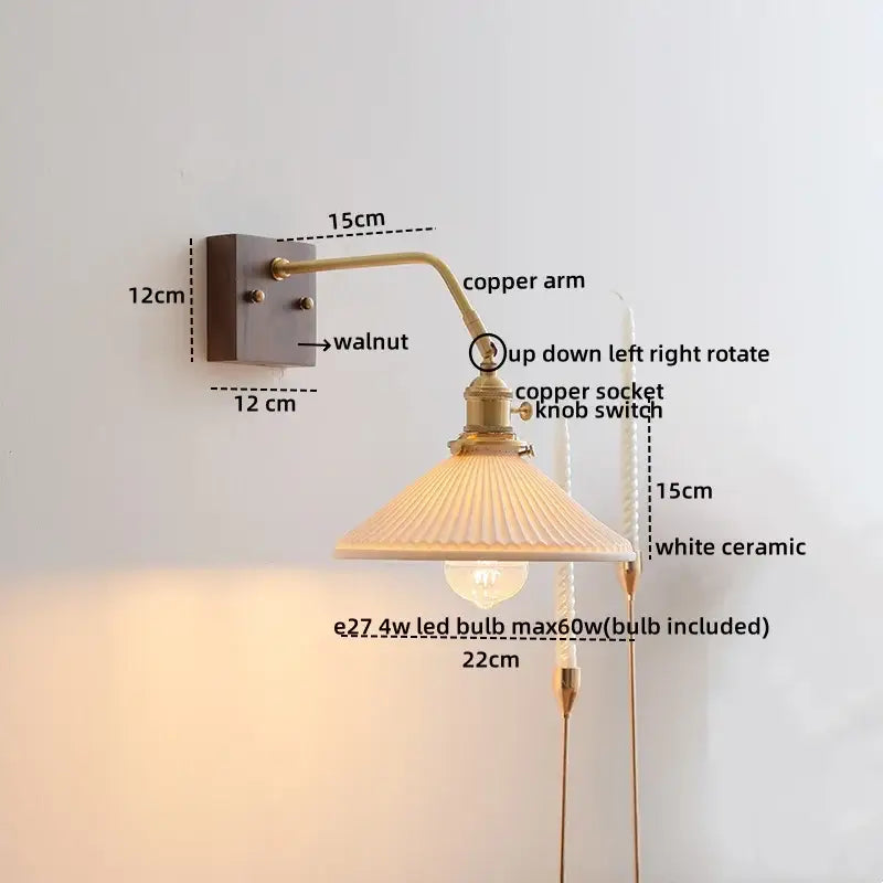 Vintage-style wall lights with brass copper arm, walnut mounting plate, and white ceramic shade for decorbites ceramic walnut led use