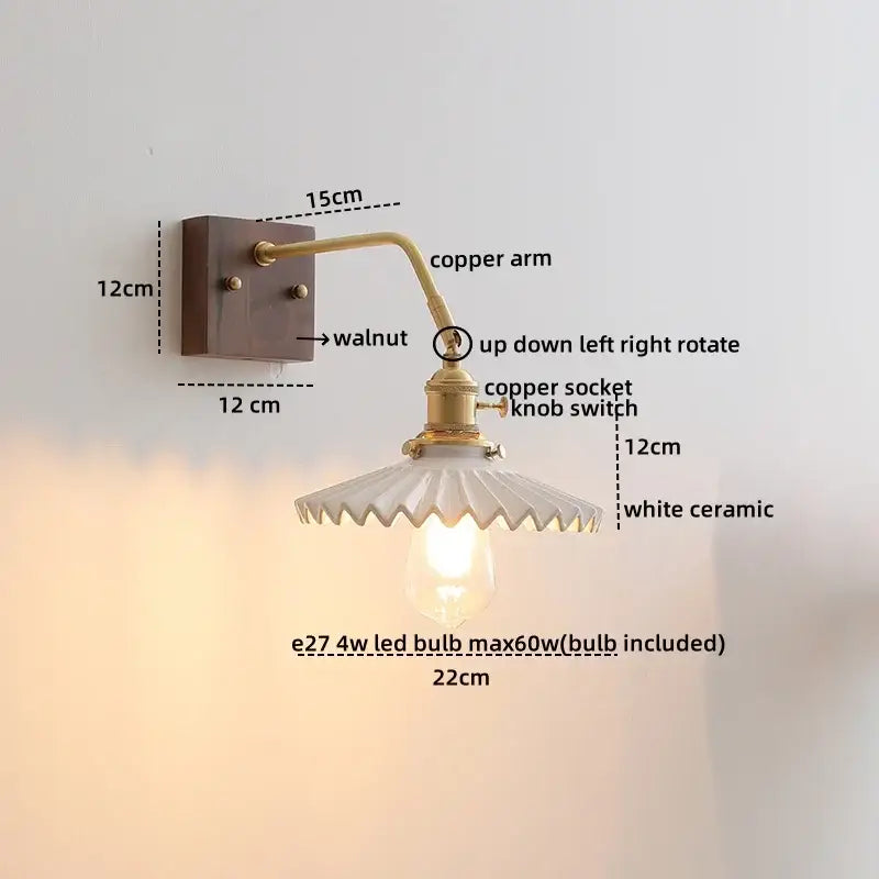 Modern wall lights with brass copper arm, walnut mounting plate, and decorbites ceramic walnut led scalloped shade