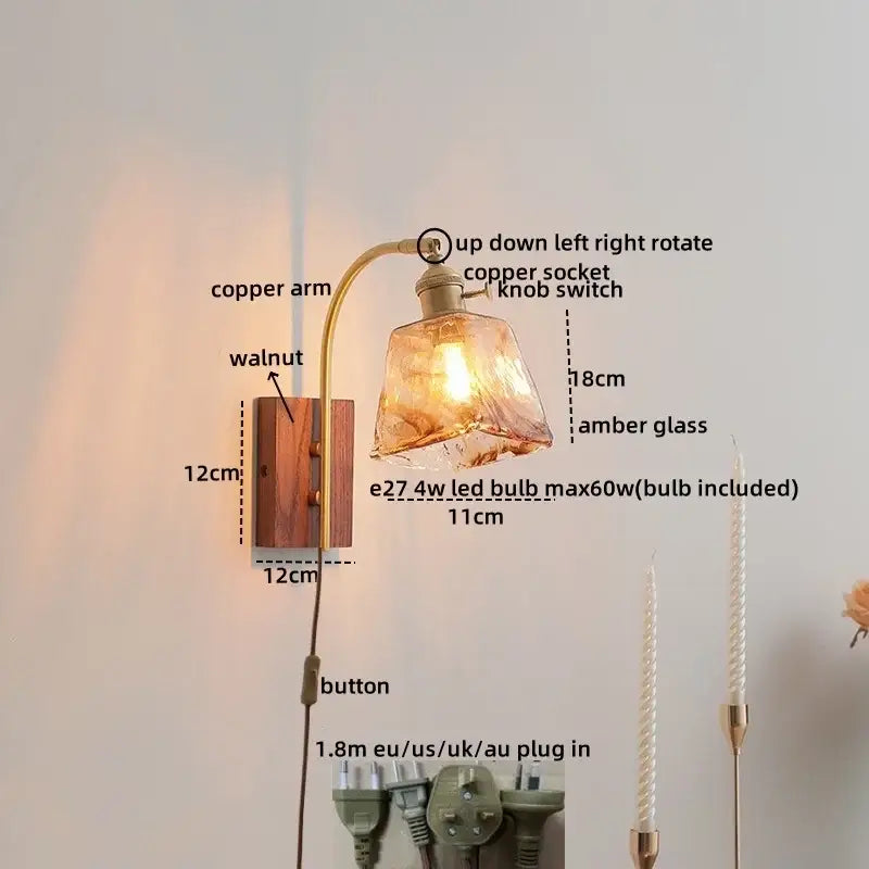 Modern ribbed amber glass wall lights with curved copper arm and walnut base ideal for decorbites ceramic walnut led decor