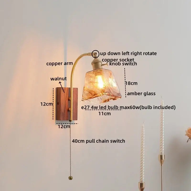 Modern ribbed amber glass wall lights with curved copper arm and walnut wood base for bedroom decorbites ceramic walnut led