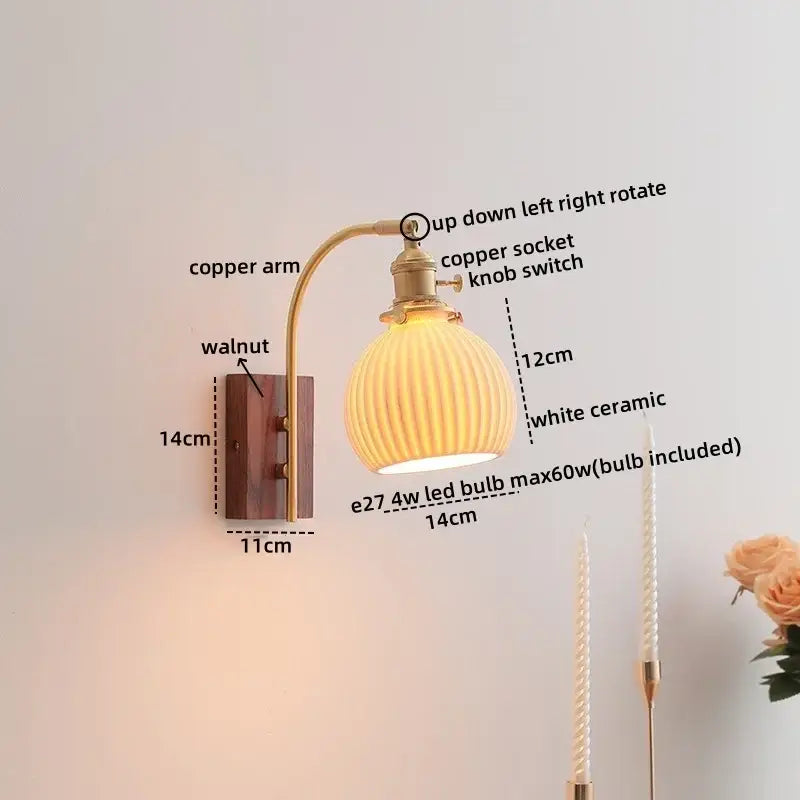 Modern ribbed white ceramic wall lights with curved copper arm and walnut mount for decorbites ceramic walnut led style