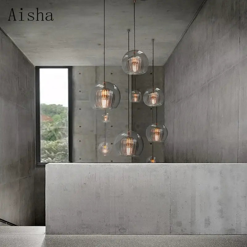 Modern ribbed clear glass ball led pendant lights with exposed filament bulbs for kitchen decorbites glass ball lighting