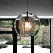 Modern ribbed decorbites glass ball led pendant light with clear glass and exposed filament bulb for kitchen decor