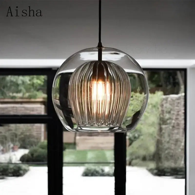 Modern ribbed decorbites glass ball led pendant light with clear glass and exposed filament bulb for kitchen decor