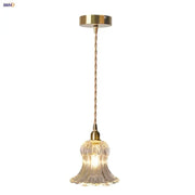 Delicate modern ribbed glass brass led pendant light with bell-shaped design and twisted cord for dining room decorbites brass led