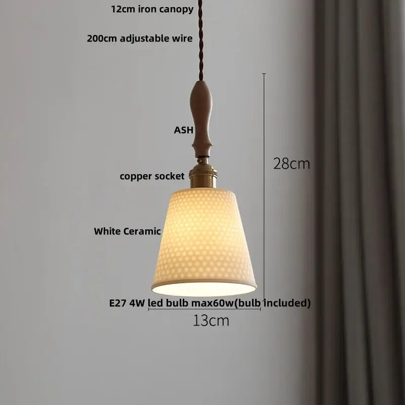 Modern ribbed decorbites ceramic led pendant lamp in white with textured surface and ash wood iron canopy for dining room decor