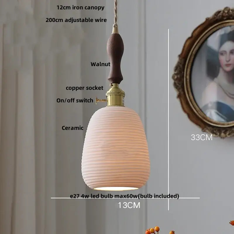 Modern ribbed glass ceramic led pendant lamp with warm tones, brass accents, and walnut wooden handle for dining room decorbites ceramic led