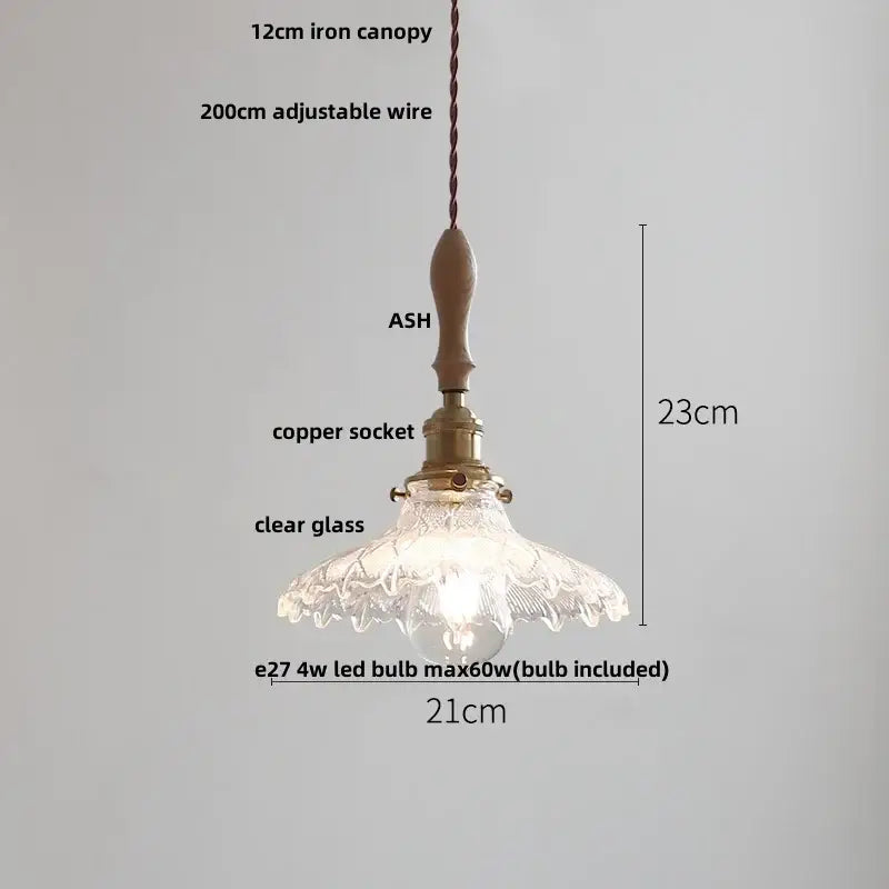 Modern ribbed glass ceramic led pendant lamp with clear patterned glass shade, ash wood canopy, and copper socket decorbites ceramic led