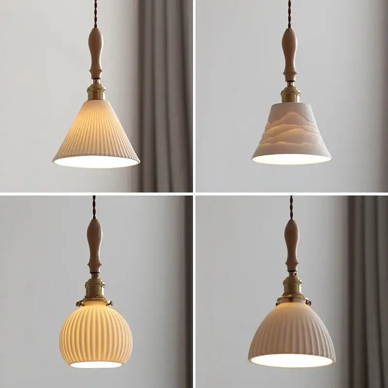 Four vintage-style ceramic led pendant lamps with wooden handles brass finish and off-white ribbed shades for dining room decorbites ceramic led