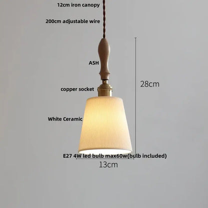 Modern ribbed glass ceramic led pendant lamp with warm tones, iron canopy, ash wood handle, and white ceramic shade for dining room decorbites ceramic led